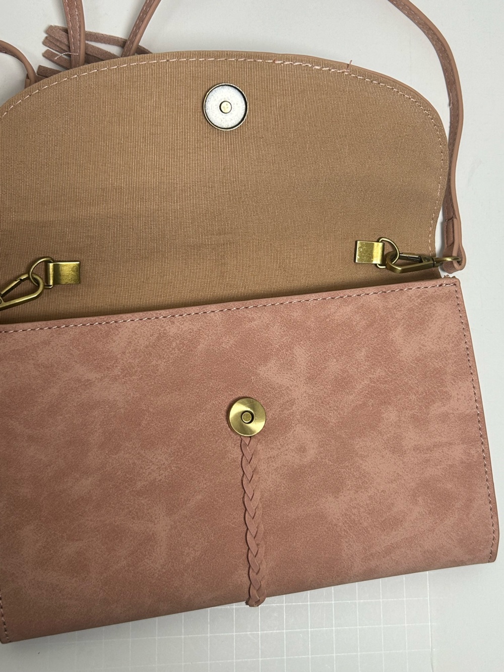 Anthropologie  Envelope Suede Crossbody Boho Tassel Bag Pink - Picture 7 of 9